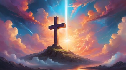 Christian cross on a mountain top with Clouds.