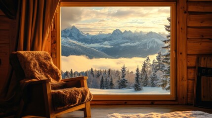 Cozy mountain cabin interior with plush armchair and stunning window view of snowy peaks during golden hour sunlight