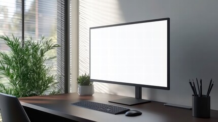 Workspace Mockup: A modern workspace features a large computer screen with a blank display on a wooden desk, ready for content. Alongside the monitor sit a potted plant and a keyboard.