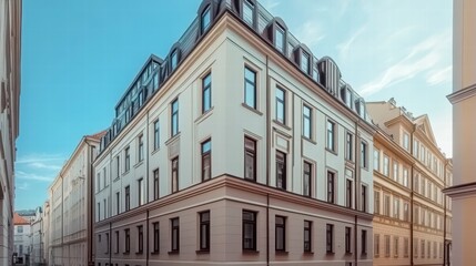 Fototapeta premium Modern City Corner: Architectural photograph of a modern building corner, showcasing clean lines, contemporary design, and the blend of urban aesthetics. 