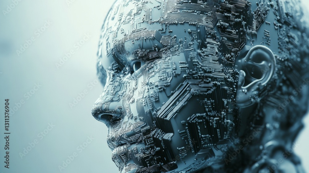 Poster futuristic robot face with circuit patterns and digital technology components