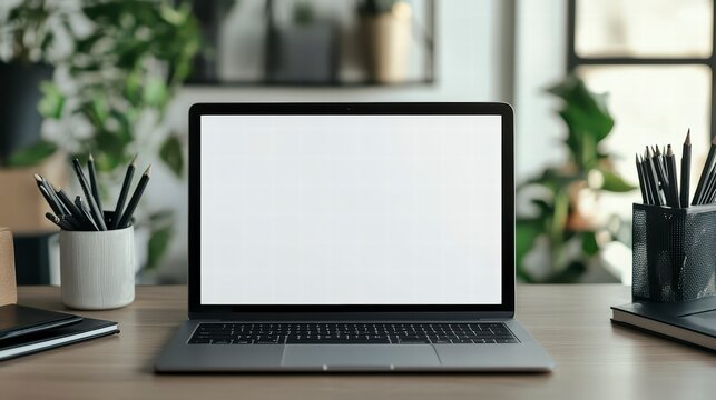 Workplace Oasis: A laptop with a blank screen sits open on a wooden desk, surrounded by office supplies and lush plants, creating a serene and productive workspace. - Powered by Adobe