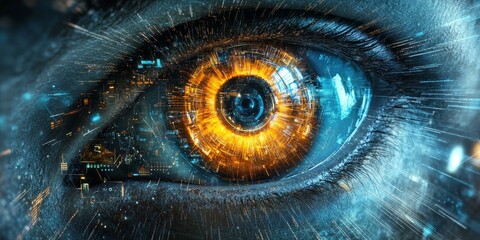 A close up of a person's eye with a bright orange circle in the center