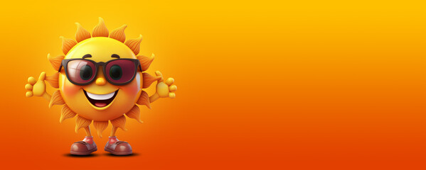 Close-up of a cute yellow and orange happy sun wearing sunglasses, looking at camera. Isolated on a yellow-orange background with copy space, blank wide banner. Summer sun. Generative Ai.