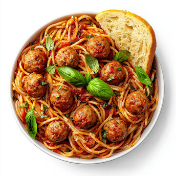 Spaghetti with meatballs and marinara sauce, served with bread