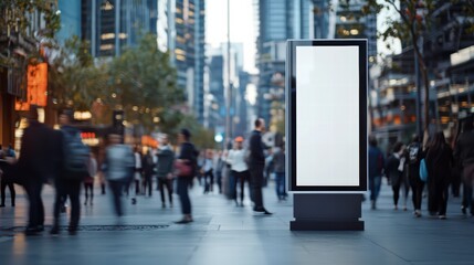 City Billboard Amidst Pedestrians: A large, blank billboard stands prominently in the heart of a bustling cityscape, surrounded by blurred figures of pedestrians and buildings.