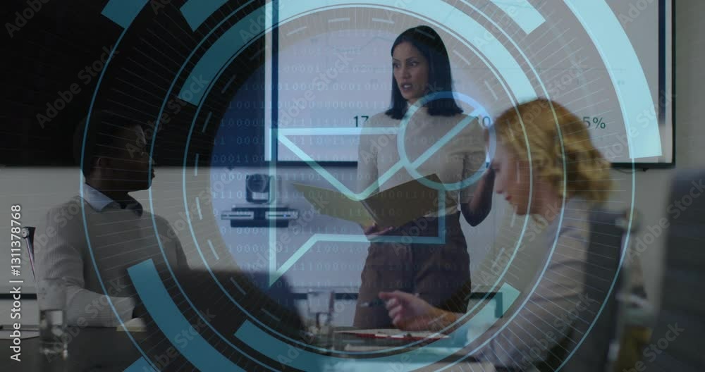 Poster business meeting with digital email icon and binary code overlay animation