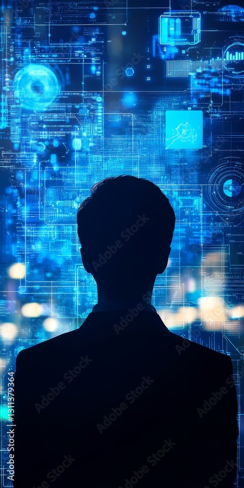 Poster a man is standing in front of a computer screen with a blue background