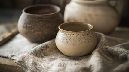 A rustic collection of handmade ceramic pots in earthy tones, placed on a textured linen cloth. The soft natural light enhances the raw, organic texture of the pottery, evoking a timeless, artisanal f