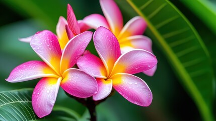 Close-up portrait of colorful frangipani flowers in full bloom, delicate petals glowing under soft sunlight in a lush garden. 