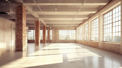 spacious loft interior with brick walls and large windows
