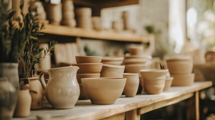 A warm, rustic pottery workshop filled with handcrafted ceramic bowls, jugs, and tools. The earthy tones and soft natural lighting create a cozy, artisanal atmosphere, highlighting the beauty of tradi