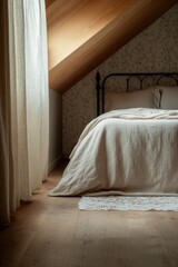 Cozy bedroom with soft linens, natural light streaming through c