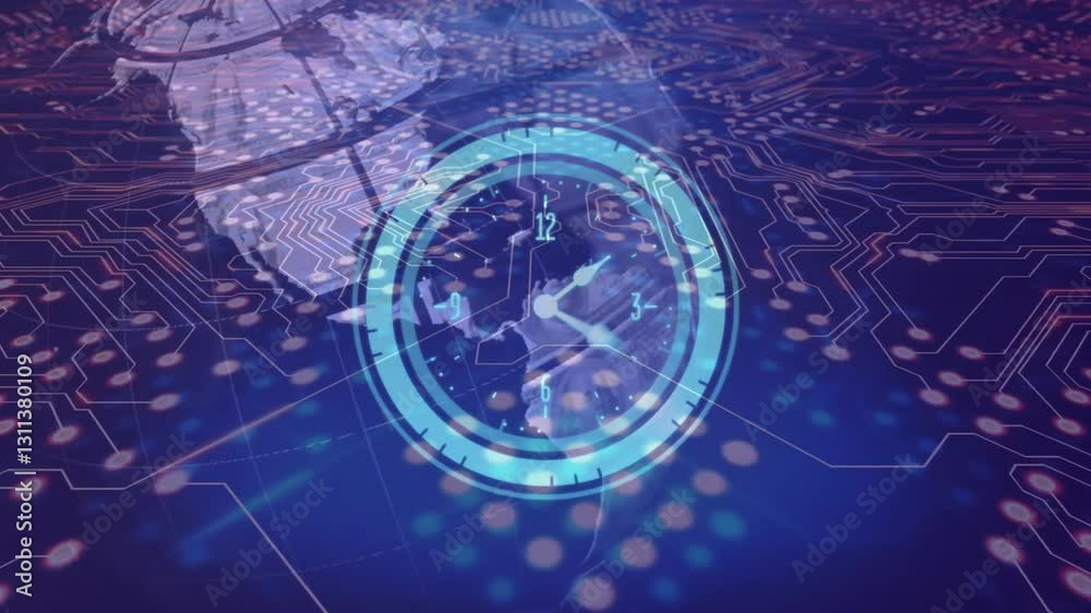 Poster digital clock animation over circuit board and glowing network connections