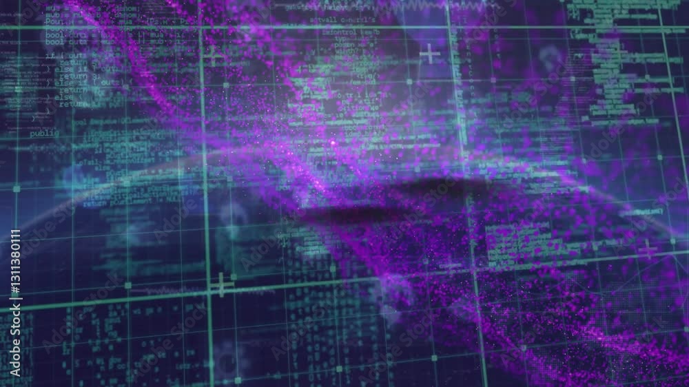 Poster animation of purple digital particles forming abstract patterns over grid with data