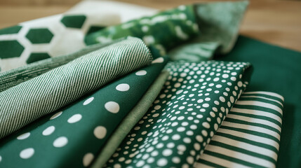 A close-up view of green fabric samples in various patterns, including polka dots, stripes, and geometric designs. The rich textures and deep hues create a visually appealing display, perfect for text