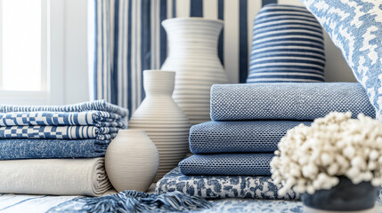 A serene and elegant arrangement of blue and white textiles, stacked neatly alongside ceramic vases. The combination of striped, woven, and patterned fabrics evokes a coastal-inspired, timeless interi