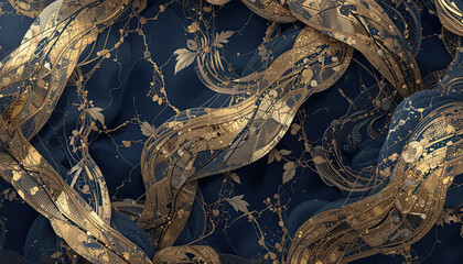 Fototapeta premium Golden Ethereal Waves: Luxurious Flowing Ribbons with Intricate Floral Patterns on a Deep Navy Background for a Sophisticated and Elegant Decorative Design