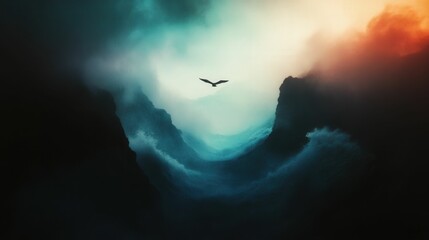 Fototapeta premium Scenic view of rolling waves under dramatic clouds, with a single seabird flying above, peaceful and atmospheric, serene and natural
