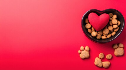 Fototapeta premium red heart shaped bowl of dog treats and paw print cookies