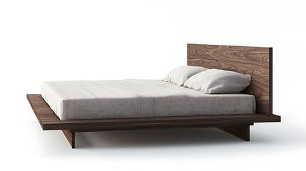 A wooden bed with a white comforter and two white pillows