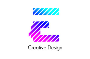 Letter E Logo made of Lines in purple and blue colors. E lines letter logo icon