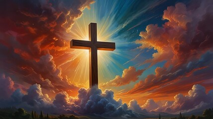 Cross at sunset on a mountain with golden white louds.