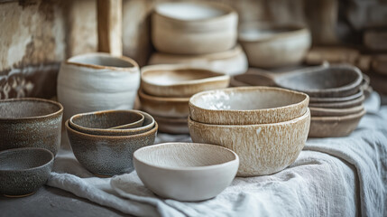 A rustic collection of handmade ceramic bowls and plates in earthy tones, arranged on a soft linen cloth. The organic shapes and textured glazes reflect artisanal craftsmanship, evoking a warm and nat