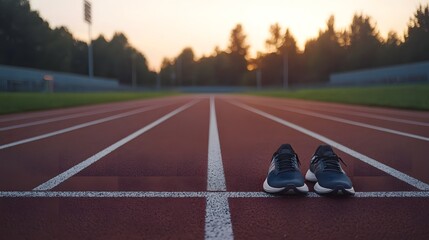 A Pair of Running Shoes on an Empty Track at Dawn with a Scenic Horizon View