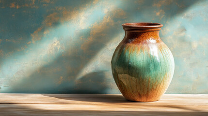 A handcrafted ceramic vase with a glossy turquoise and earthy brown glaze, sitting on a rustic wooden surface. Sunlight and soft shadows create a warm, artistic atmosphere, emphasizing the rich textur