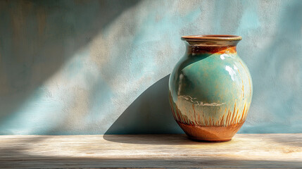 A handcrafted ceramic vase with a glossy turquoise and earthy brown glaze, sitting on a rustic wooden surface. Sunlight and soft shadows create a warm, artistic atmosphere, emphasizing the rich textur