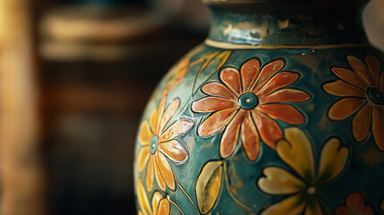 A close-up of a beautifully handcrafted ceramic vase with embossed floral patterns in warm orange and yellow hues. The rich turquoise glaze with fine crackle detailing enhances its vintage, artisanal 