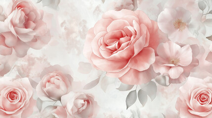 Seamless Floral Pattern of Watercolor Roses and Petals