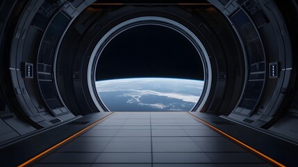 Obraz premium Futuristic Elevator Opening to Space View with Earth in Background and Starry Black Sky