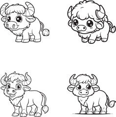 Cute Cartoon Buffalo Silhouettes - Adorable Farm Animal Line Art Collection