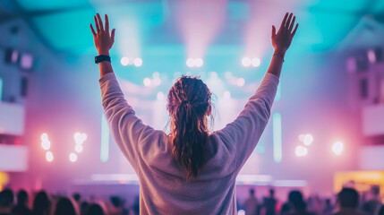 Celebration of Worship: Woman raising her hands in spiritual event, embodying faith and devotion to connect with the divine