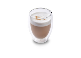 A frothy latte in a clear glass mug, showcasing the layers of milk and coffee.