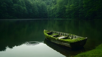 Overturned Small Wooden Boat Covered in Moss on Still Water Surrounded by Dense Green Forest