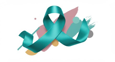 Sexual Assault Awareness Month concept. Creative modern teal ribbon isolated on white background. Symbol for Ovarian and Cervical cancer. Regular health checkup. Women's Health. Banner, copy space