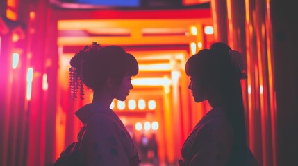Fototapeta premium Two geishas in traditional kimonos standing in an alleyway of torii gates