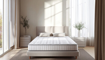 Comfortable mattress in modern, minimalist bedroom with sunlight streaming through windows