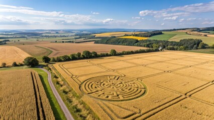 A mesmerizing maze carved into a vast field of golden wheat, with the stalks swaying gently in the breeze.