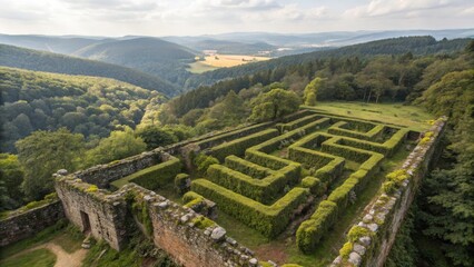 A mystical maze formed by ancient stone walls covered in a thick layer of green moss.