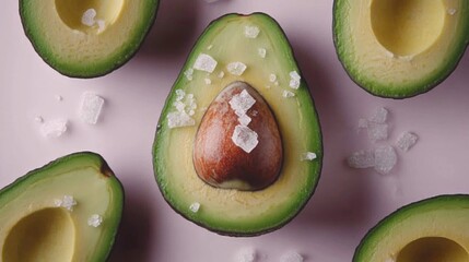 avocado cut in half on pink background