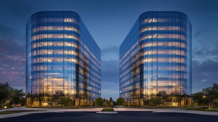Fototapeta premium Symmetrical shot of two corporate towers, close-up side profile, glass exteriors glowing with soft urban reflections.