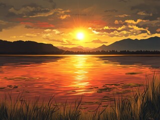 Obraz premium Serene sunset over a lake, mountains in the distance