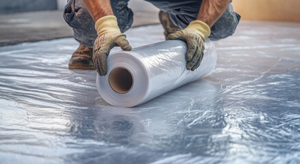 A worker carefully unrolls a protective plastic film in a construction area to safeguard the flooring. The task requires attention to detail to ensure proper coverage