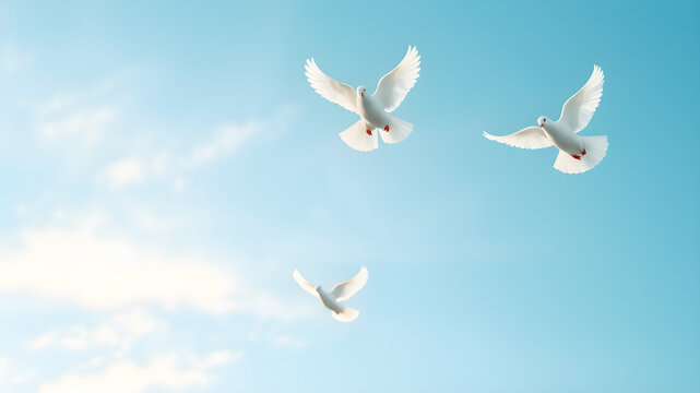 Serene First Communion Doves. White doves flying in pastel blue sky. Gentle & peaceful.  Ideal for First Communion invites & religious designs