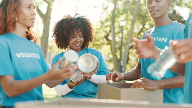 Nature, donation and happy volunteers with boxes for community outreach with food drive. Helping, packing and group of NGO workers with cardboard parcels for charity event with nonprofit outdoor.