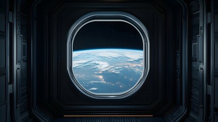 Naklejka premium View from Space Station Window with Earth Curvature and Starry Background